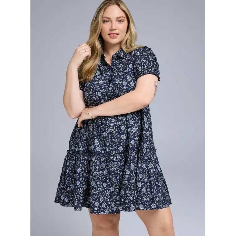 Belle‎ Isle by Torrid Navy Blue Floral Cotton Babydoll Mini Dress Plus Size 2 2X